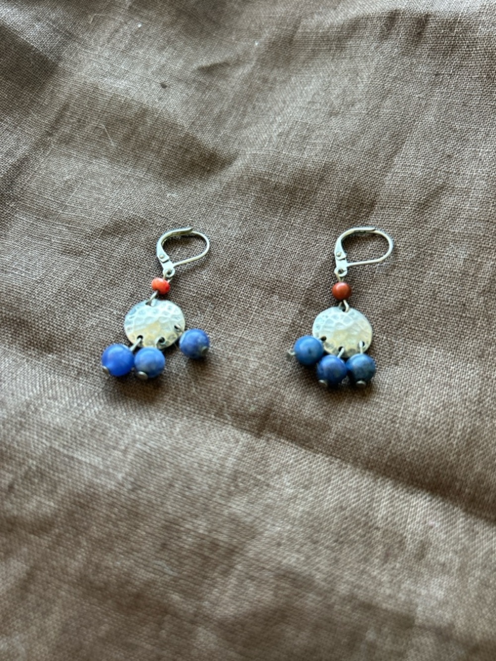 Handcrafted Blue & Coral Drop Earrings with Hammered Silver Discs